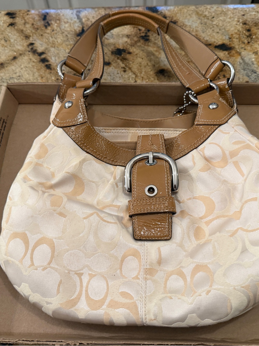 Coach Beige Signature Canvas Hobo with Tan Leather Trim